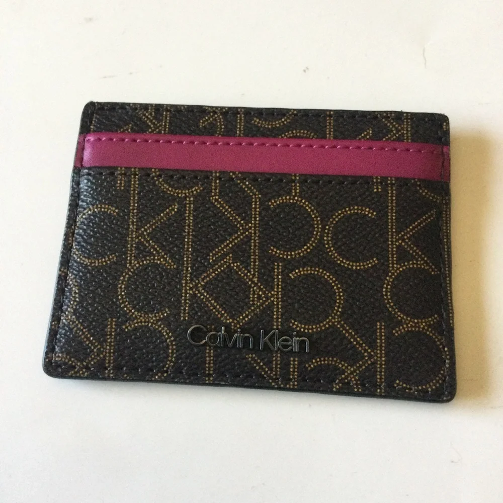 CALVIN KLEIN PIN DOT LOGO CARD CASE BROWN AND SALSA NWOT